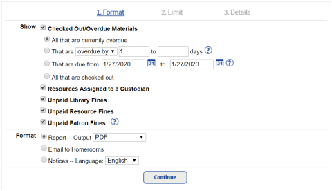 Step 1 of Current Checkout Fines Report.